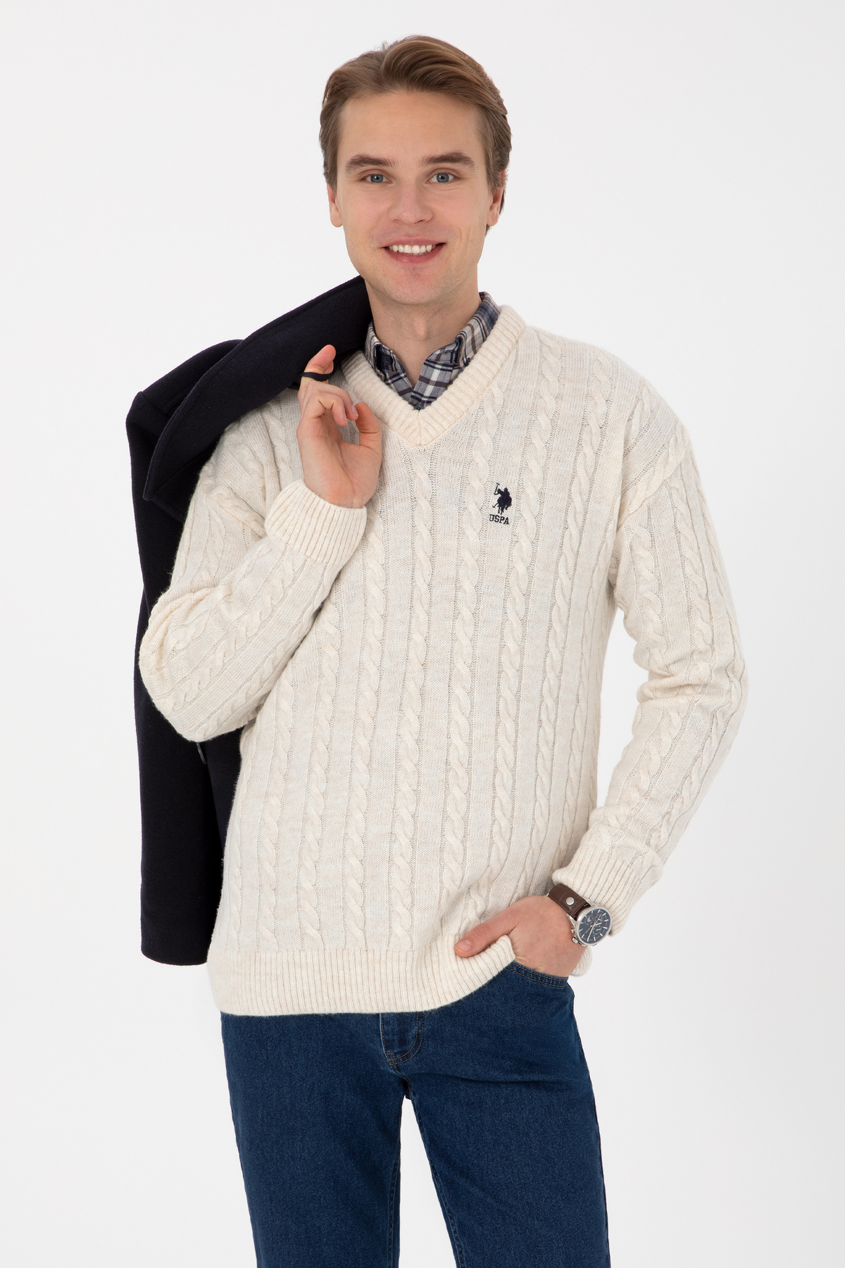 پلیور مردانه کرم یقه هفت با فیت راحت U.S. Polo Assn. 50315038-VR071