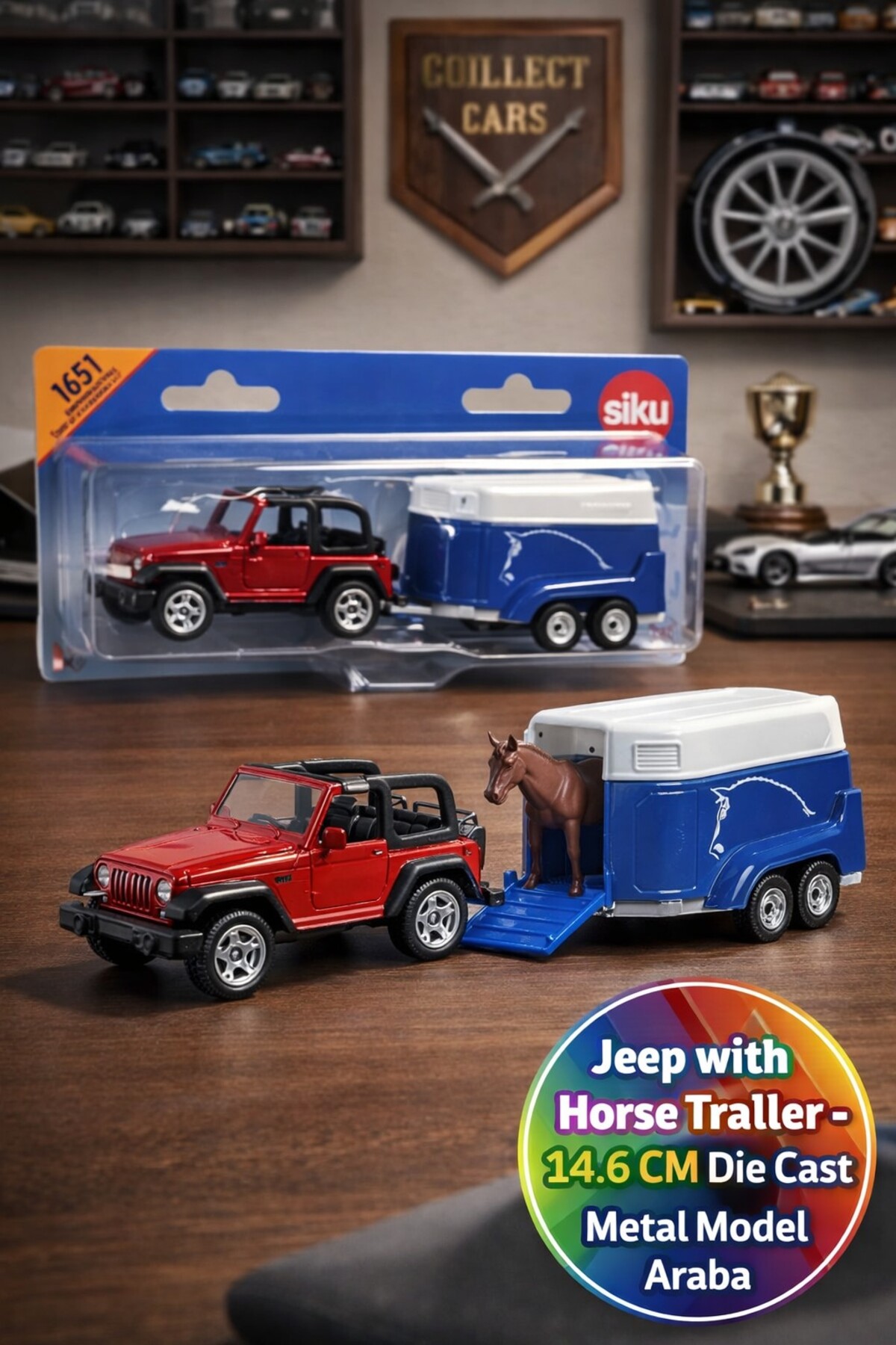 خودروی اسباببازی فلزی Siku1651 Jeep Wrangler4x4 با تریلر حمل اسب و فیگور اسب،۱۴.۶ سانتیمتر