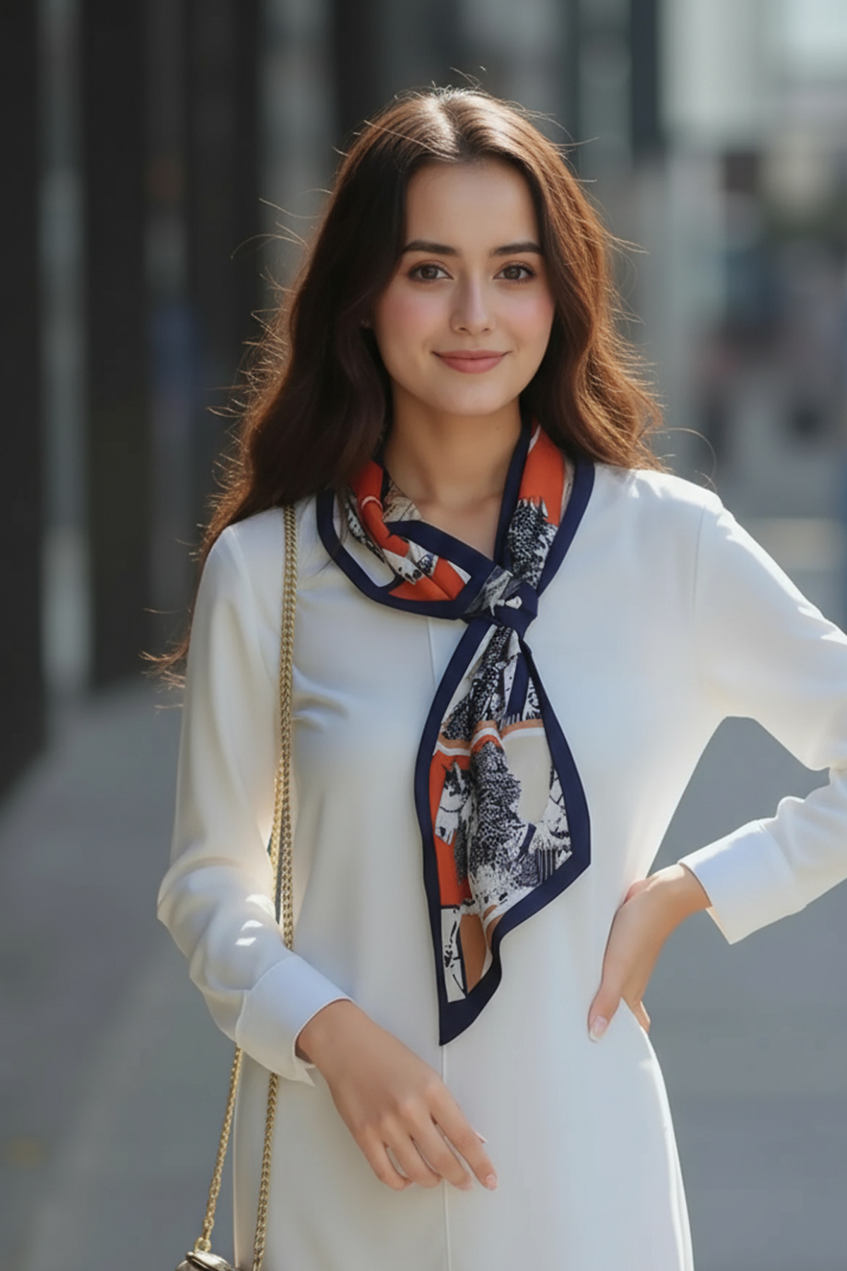 فولار زنانه ابریشمی طرح اسب اصیل با فرم کراواتی شیک — 2